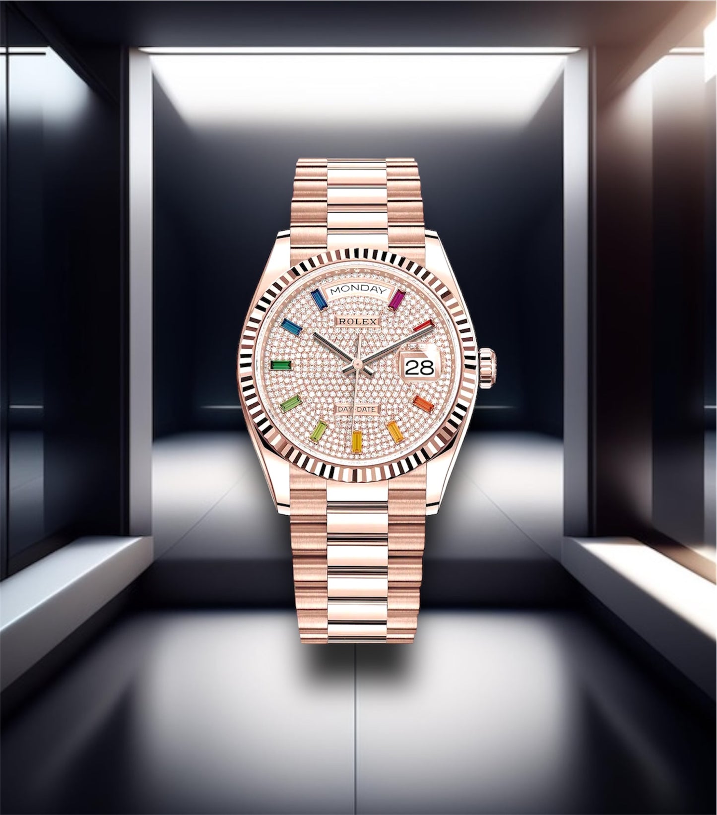 Day-Date Everose Gold Pave Rainbow Dial Diamond Bezel President 36mm