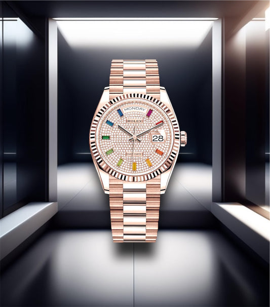 Day-Date Everose Gold Pave Rainbow Dial Diamond Bezel President 36mm