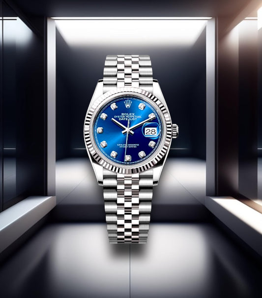 Datejust Steel Blue Dial Fluted Bezel Diamond Markers Jubilee 36mm